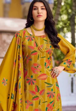 Digital Printed Muslin Silk Pakistani Suit in Mustard