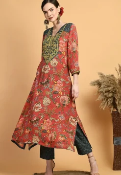 Digital Printed Muslin Silk A Line Kurta Set in Red