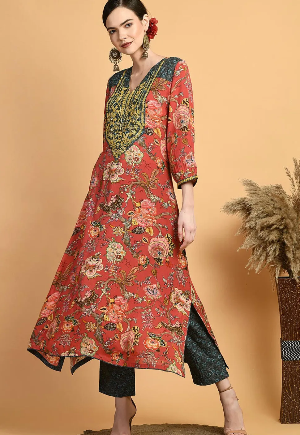 Digital Printed Muslin Silk A Line Kurta Set in Red