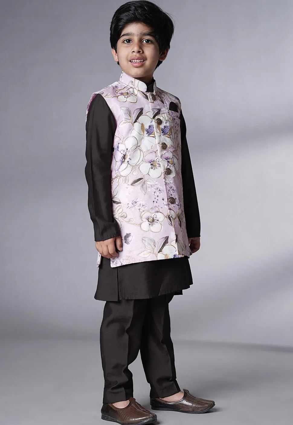 Digital Printed Muslin Silk Kurta Set in Black