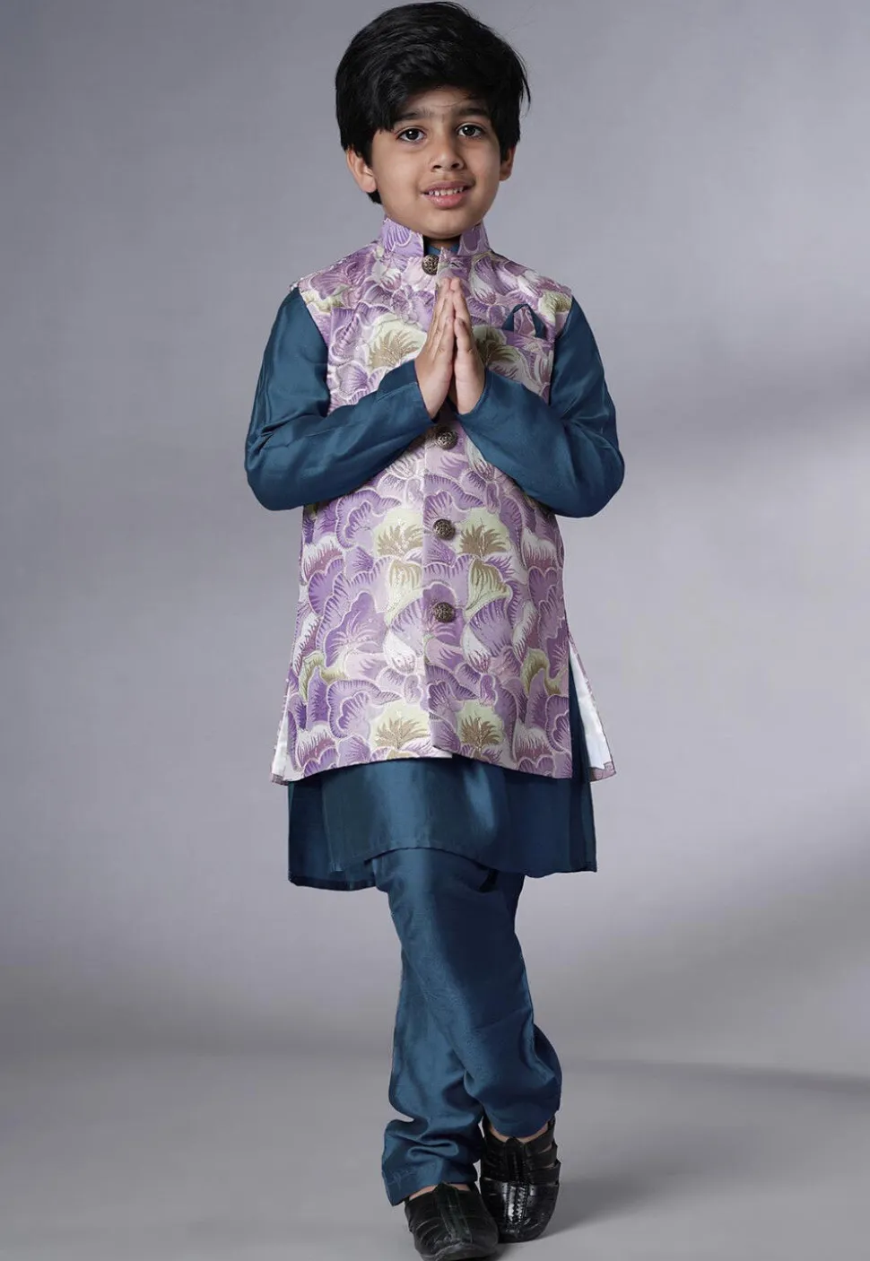 Digital Printed Muslin Silk Kurta Set in Teal Blue