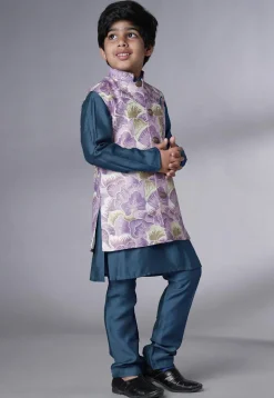 Digital Printed Muslin Silk Kurta Set in Teal Blue