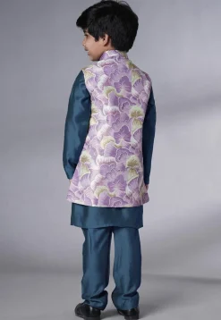 Digital Printed Muslin Silk Kurta Set in Teal Blue