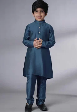 Digital Printed Muslin Silk Kurta Set in Teal Blue
