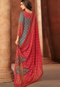 Digital Printed Muslin Silk Pakistani Suit in Red