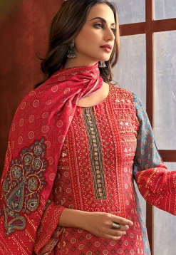 Digital Printed Muslin Silk Pakistani Suit in Red