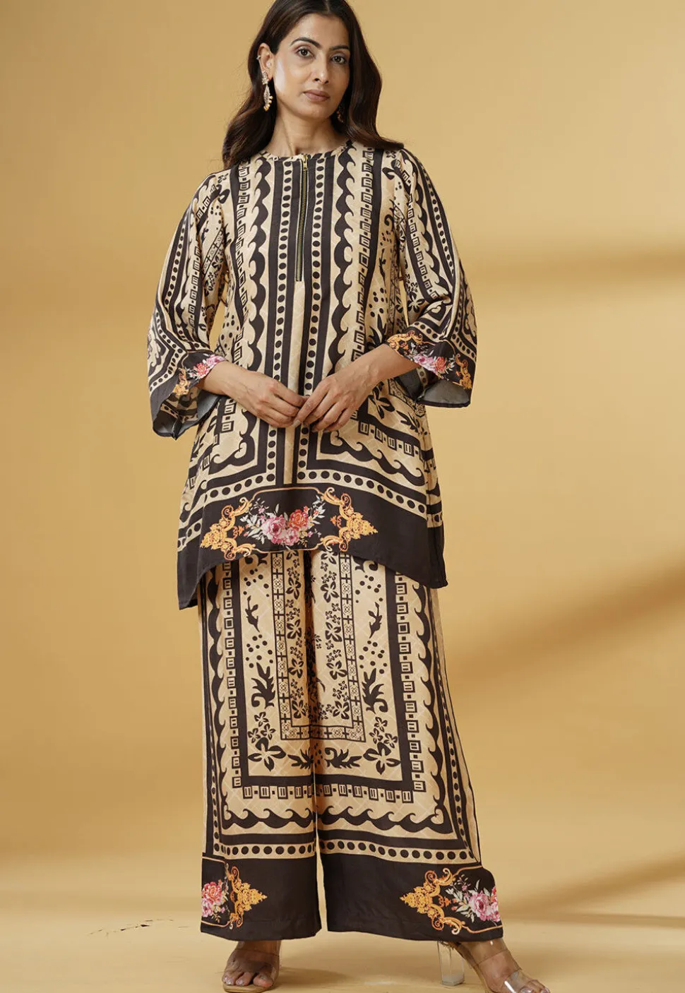 Digital Printed Muslin Silk A Line Kurti Set in Brown