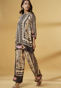 Digital Printed Muslin Silk A Line Kurti Set in Brown