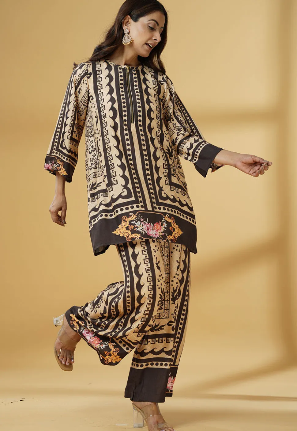 Digital Printed Muslin Silk A Line Kurti Set in Brown