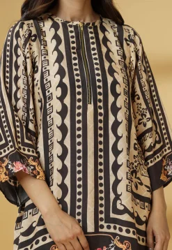 Digital Printed Muslin Silk A Line Kurti Set in Brown