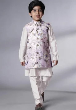 Digital Printed Muslin Silk Kurta Set in White