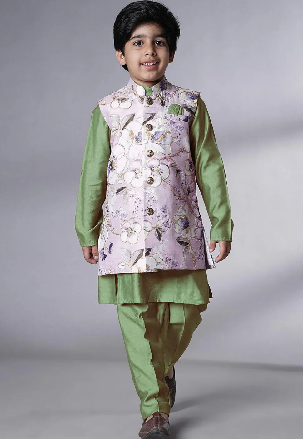 Digital Printed Muslin Silk Kurta Set in Dusty Green