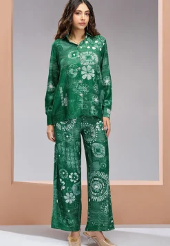 Digital Printed Muslin Silk Top Set in Green