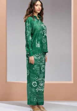 Digital Printed Muslin Silk Top Set in Green