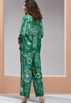 Digital Printed Muslin Silk Top Set in Green