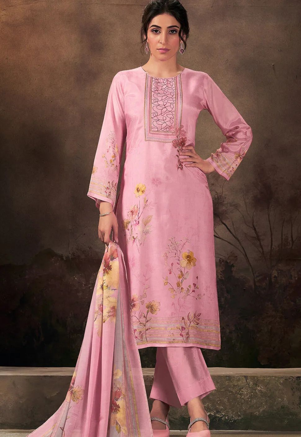 Digital Printed Muslin Silk Pakistani Suit in Pink