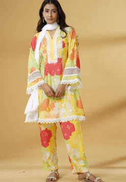 Digital Printed Muslin Silk A Line Suit in Multicolor