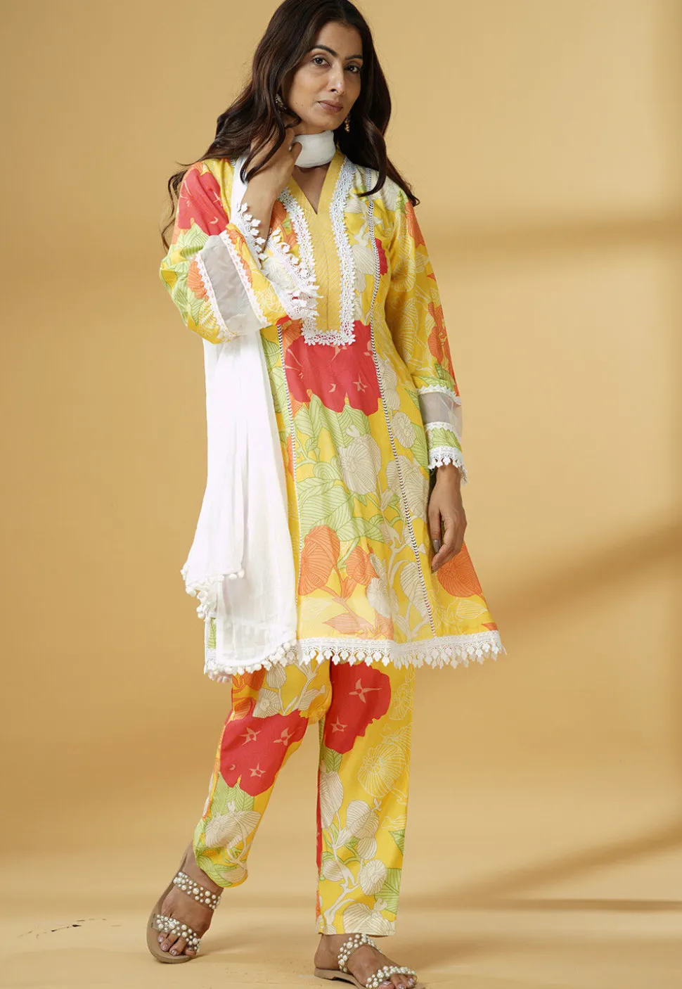 Digital Printed Muslin Silk A Line Suit in Multicolor