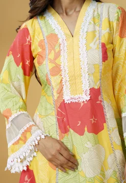 Digital Printed Muslin Silk A Line Suit in Multicolor