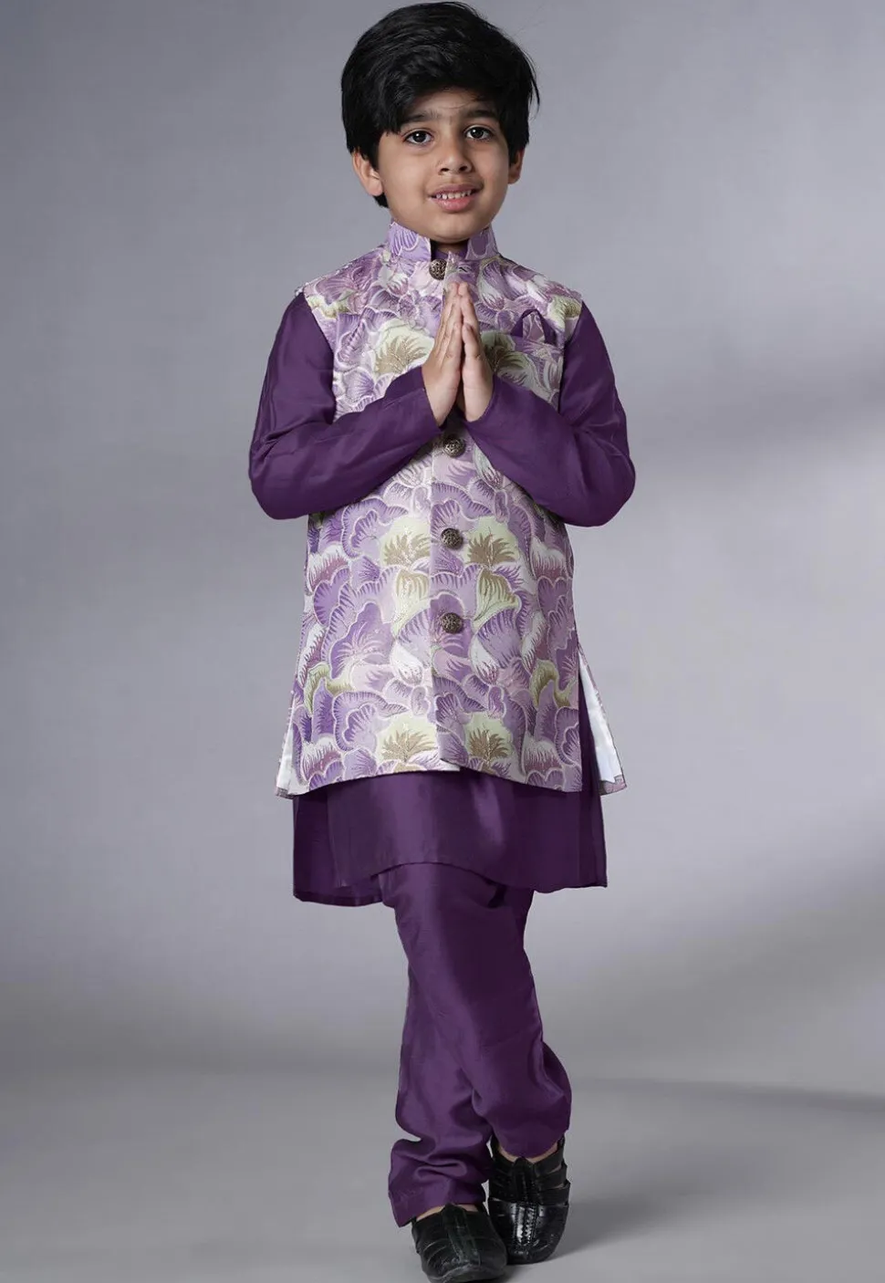 Digital Printed Muslin Silk Kurta Set in Dark Purple