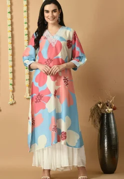 Digital Printed Muslin Silk Straight Kurta Set in Multicolor