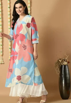 Digital Printed Muslin Silk Straight Kurta Set in Multicolor