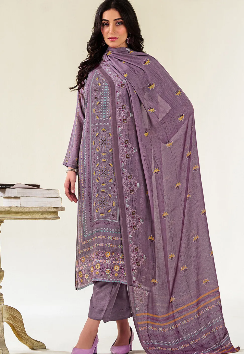 Digital Printed Muslin Silk Pakistani Suit in Purple