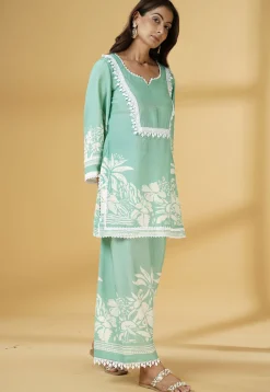 Digital Printed Muslin Silk Straight Kurti Set in Light Green