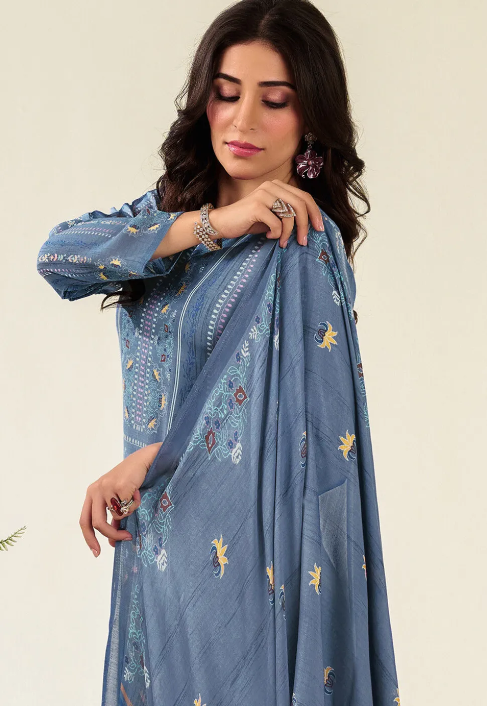Digital Printed Muslin Silk Pakistani Suit in Blue