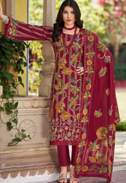 Digital Printed Muslin Silk Pakistani Suit in Maroon