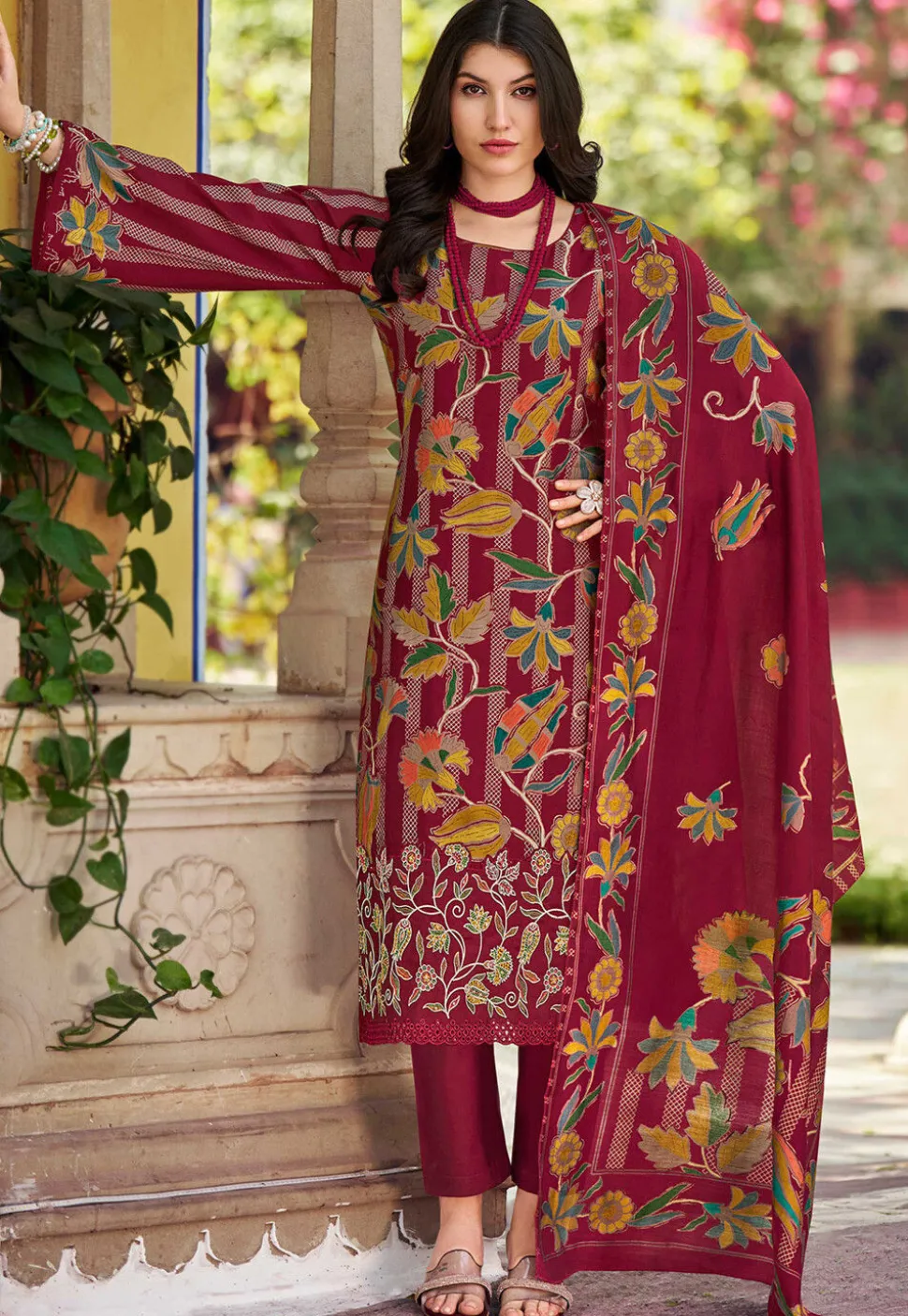 Digital Printed Muslin Silk Pakistani Suit in Maroon