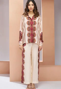 Digital Printed Muslin Silk Top Set in Off White
