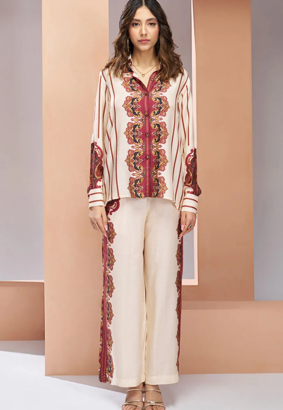 Digital Printed Muslin Silk Top Set in Off White