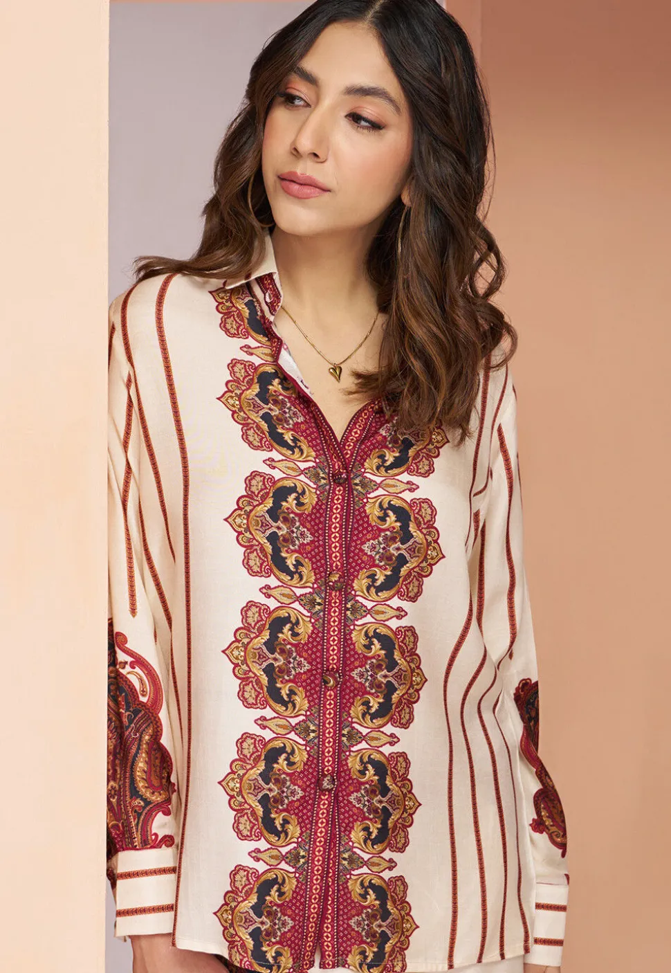 Digital Printed Muslin Silk Top Set in Off White