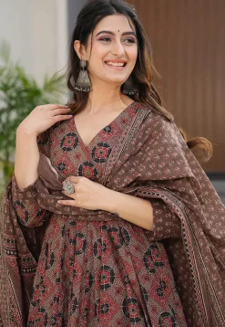 Digital Printed Muslin Silk Pakistani Suit in Brown