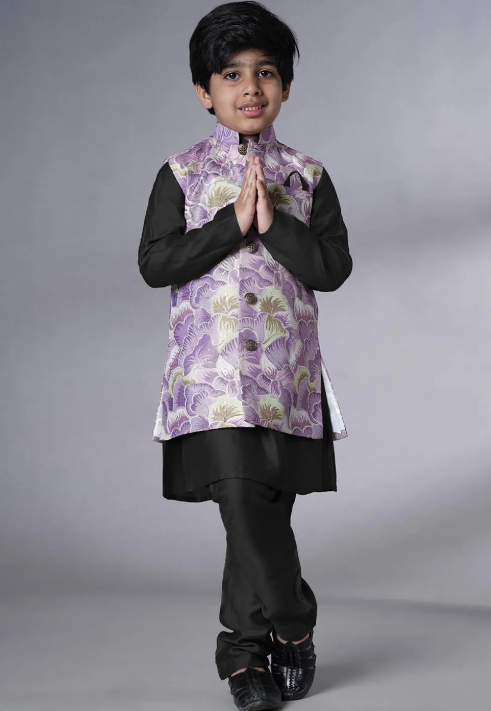 Digital Printed Muslin Silk Kurta Set in Black