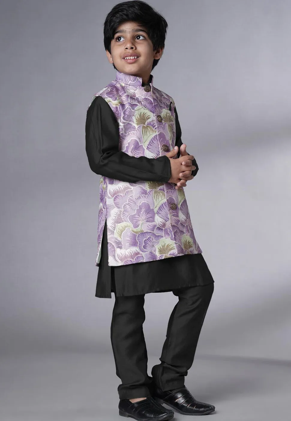 Digital Printed Muslin Silk Kurta Set in Black