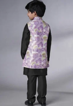 Digital Printed Muslin Silk Kurta Set in Black