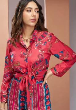 Digital Printed Muslin Silk Crop Top Set in Red