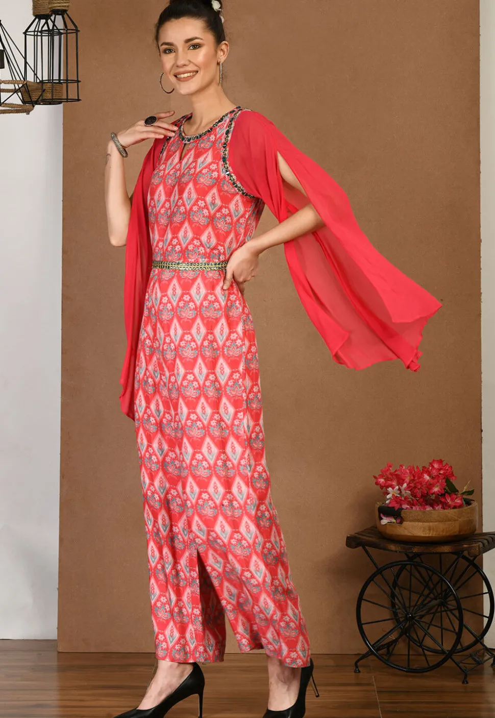 Digital Printed Muslin Silk Jumpsuit in Red