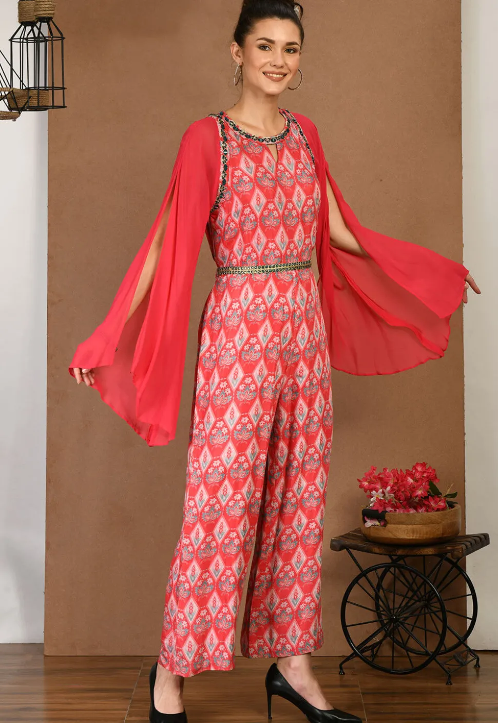 Digital Printed Muslin Silk Jumpsuit in Red