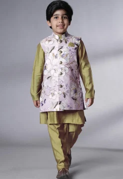 Digital Printed Muslin Silk Kurta Set in Olive Green