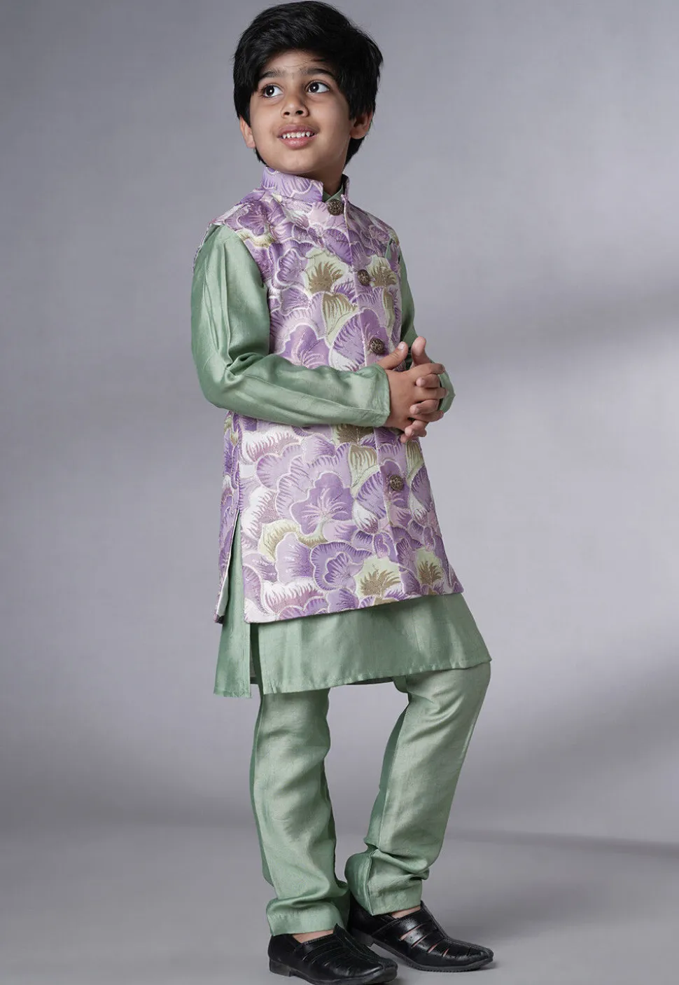 Digital Printed Muslin Silk Kurta Set in Dusty Green