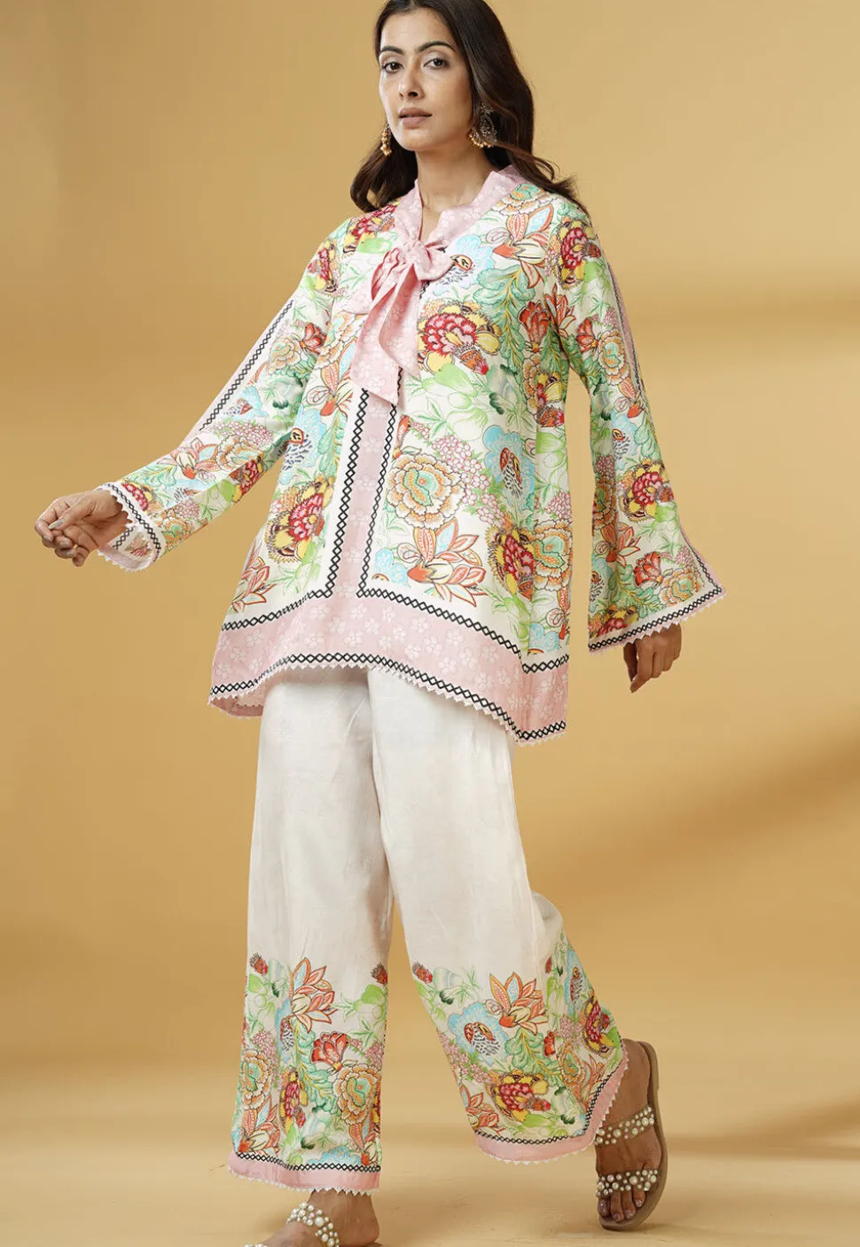 Digital Printed Muslin Silk A Line Tunic Set in Multicolor