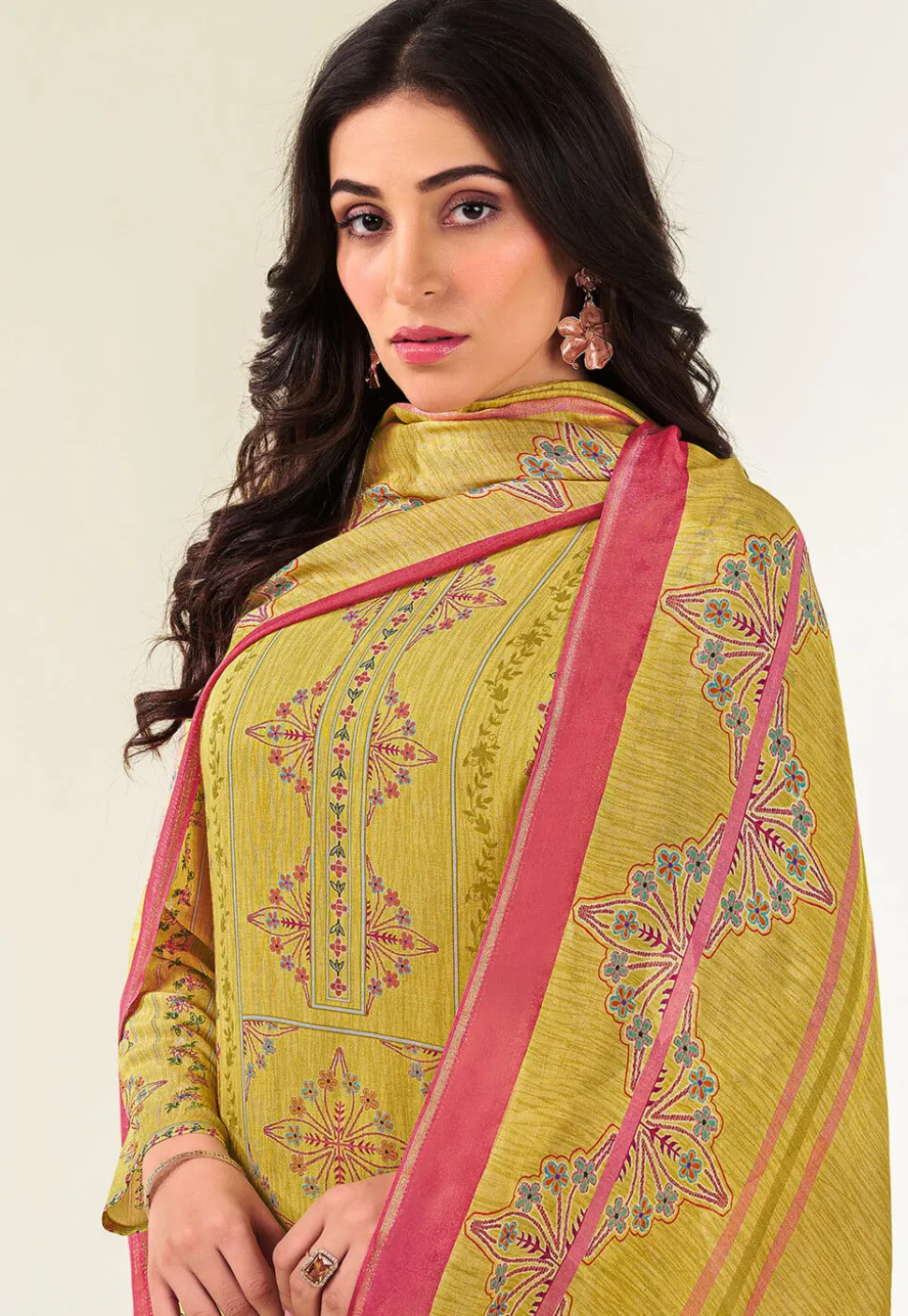 Digital Printed Muslin Silk Pakistani Suit in Yellow