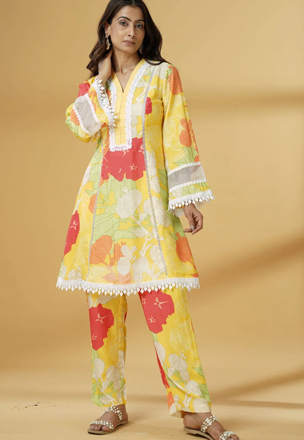Digital Printed Muslin Silk A Line Kurti Set in Multicolor