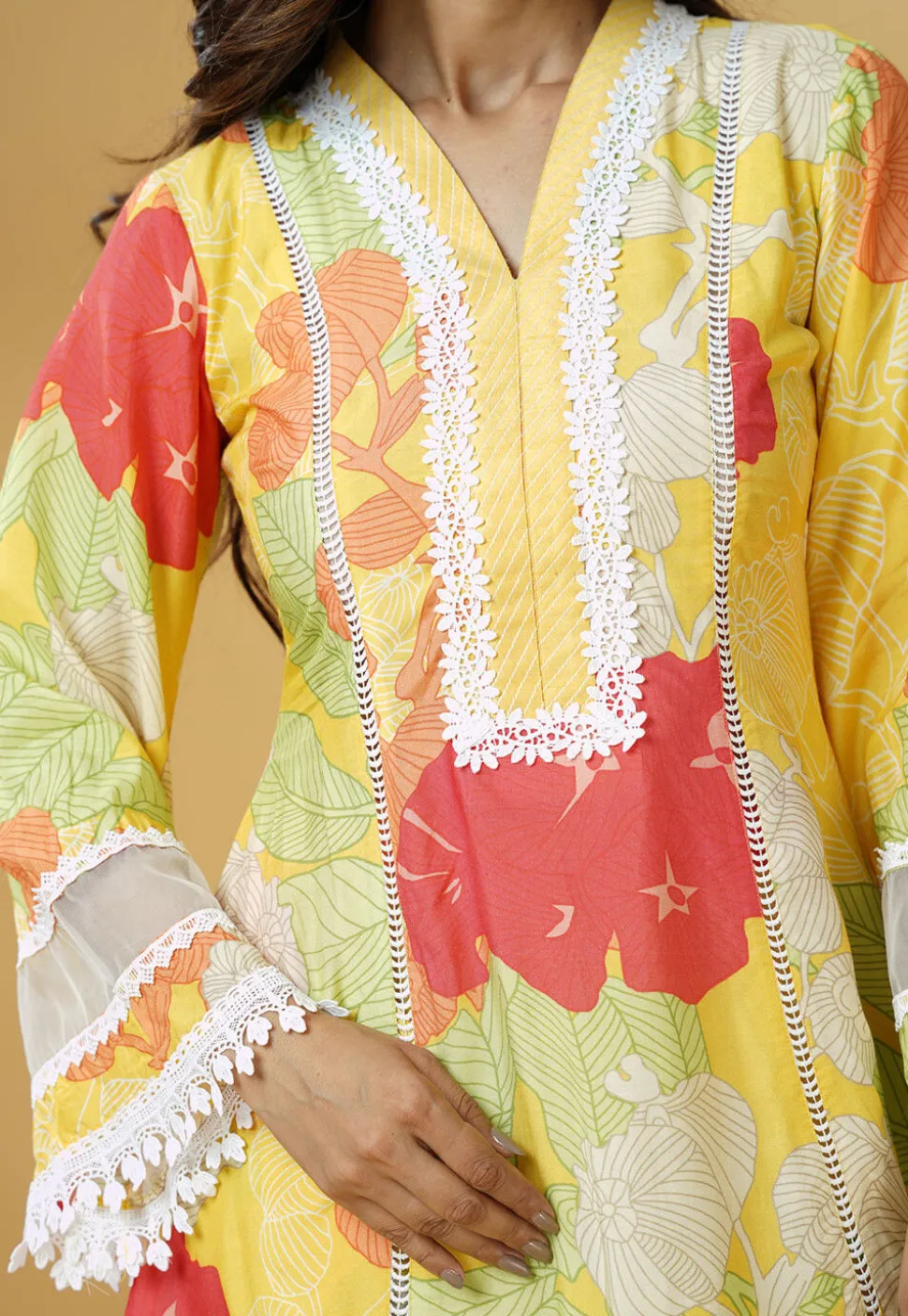 Digital Printed Muslin Silk A Line Kurti Set in Multicolor
