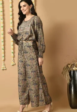 Digital Printed Muslin Silk Crop Top Set in Dusty Green