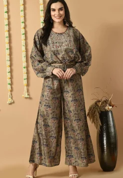 Digital Printed Muslin Silk Crop Top Set in Dusty Green