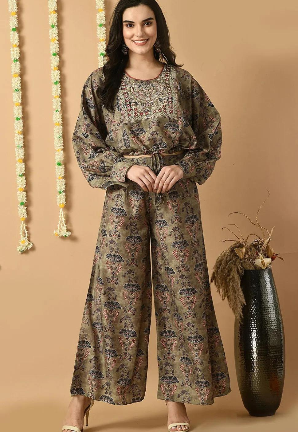 Digital Printed Muslin Silk Crop Top Set in Dusty Green